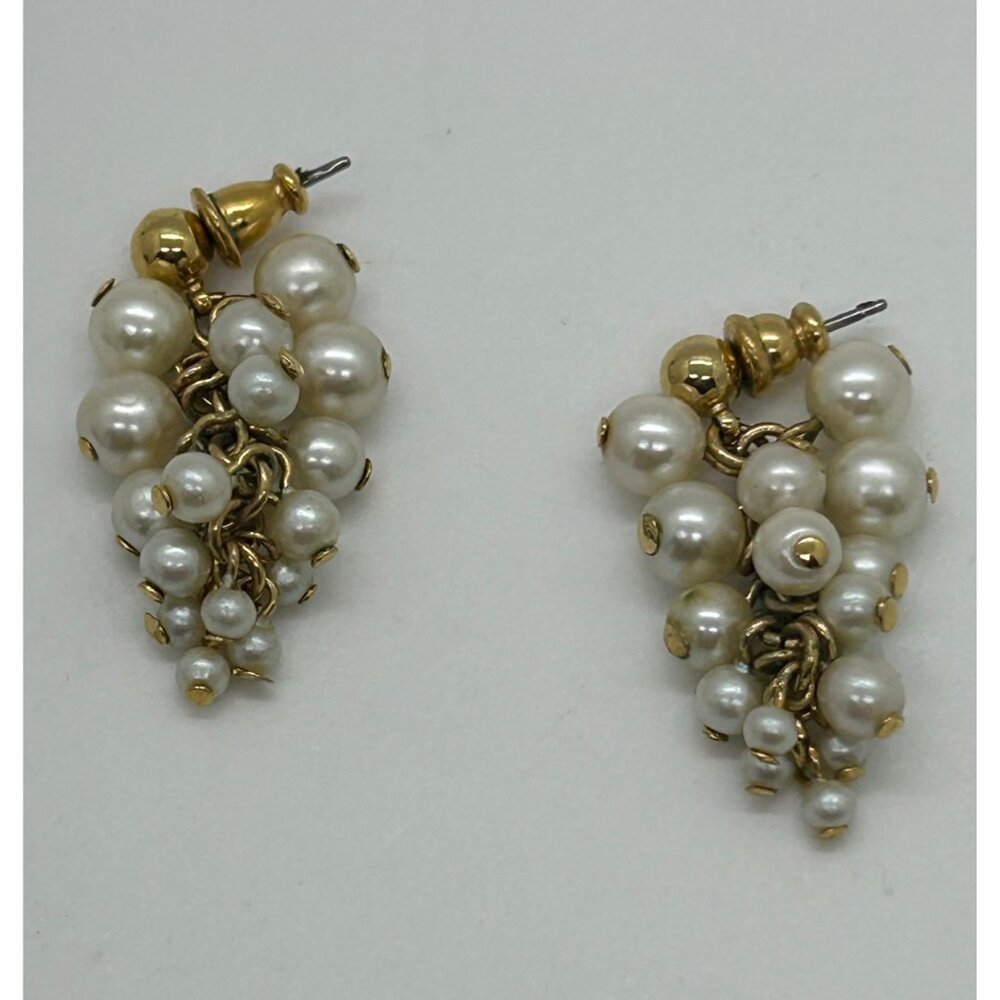 Vintage Faux Pearl Cluster Earrings Gold-Tone Dangle Wedding Prom Elegant - Picture 3 of 14
